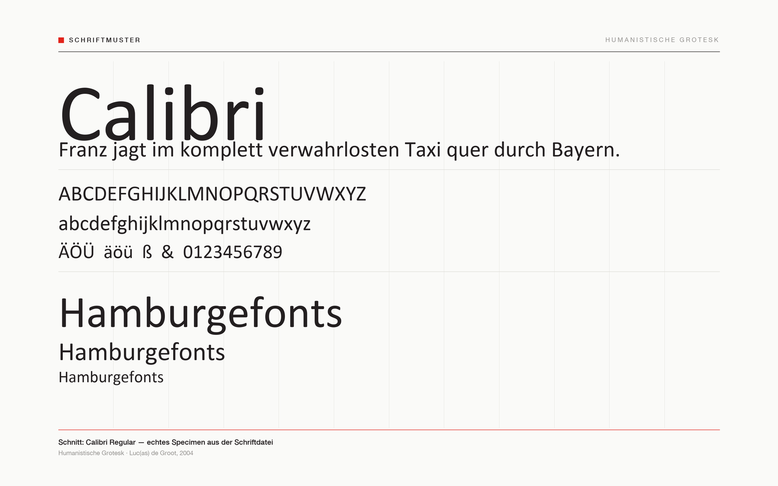 Echtes Schriftmuster der Calibri: Schriftname, Pangramm, Alphabet und Ziffern.