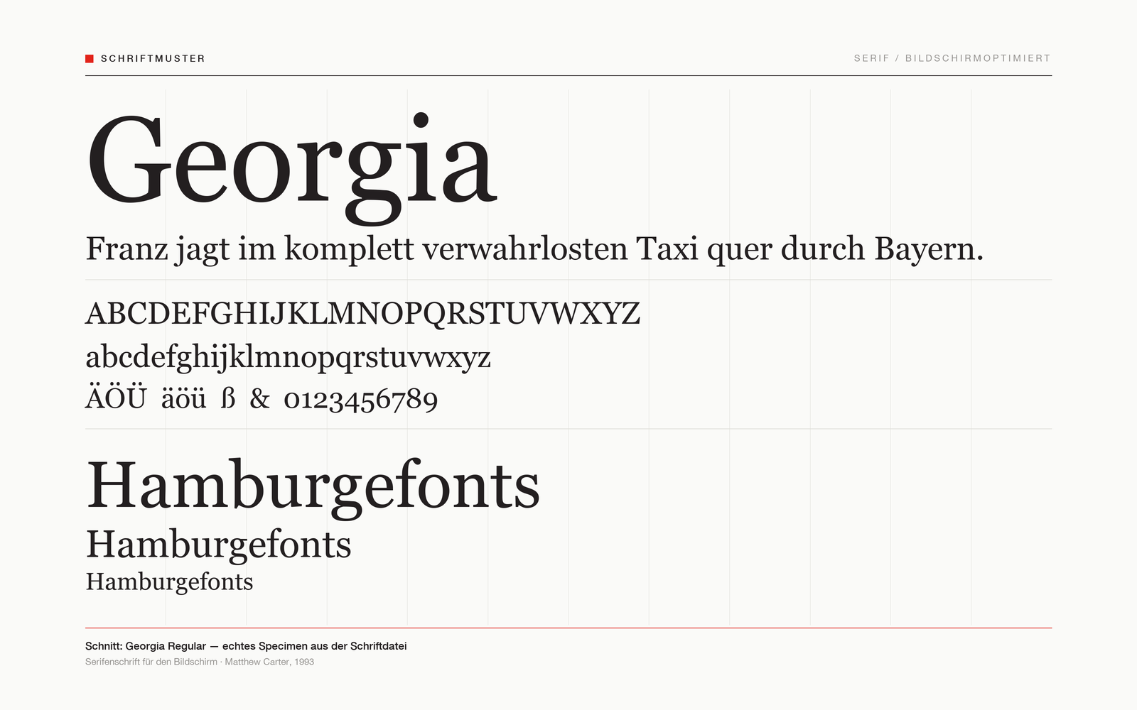 Echtes Schriftmuster der Georgia: Schriftname, Pangramm, Alphabet und Ziffern.