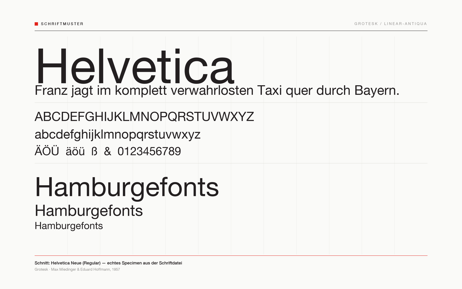 Echtes Schriftmuster der Helvetica (Schnitt Helvetica Neue): großer Schriftname, Pangramm, Alphabet in Groß- und Kleinbuchstaben sowie Ziffern.