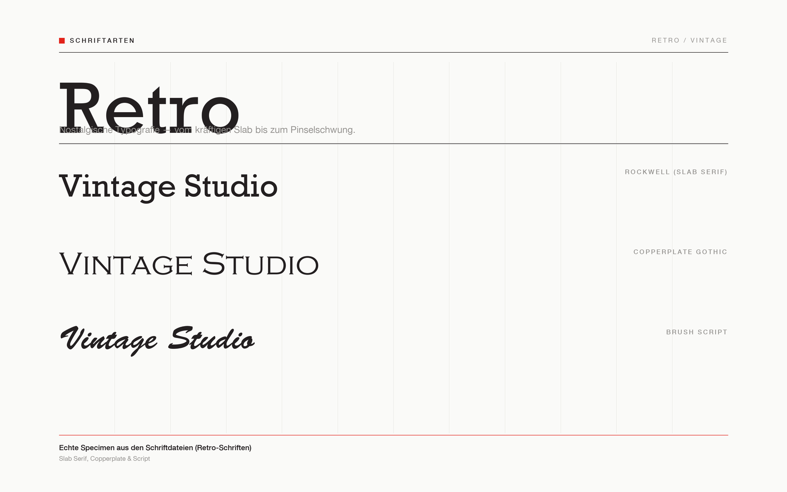 Vergleichsgrafik Retro-Schriften: „Vintage Studio“ in Rockwell, Copperplate Gothic und Brush Script.